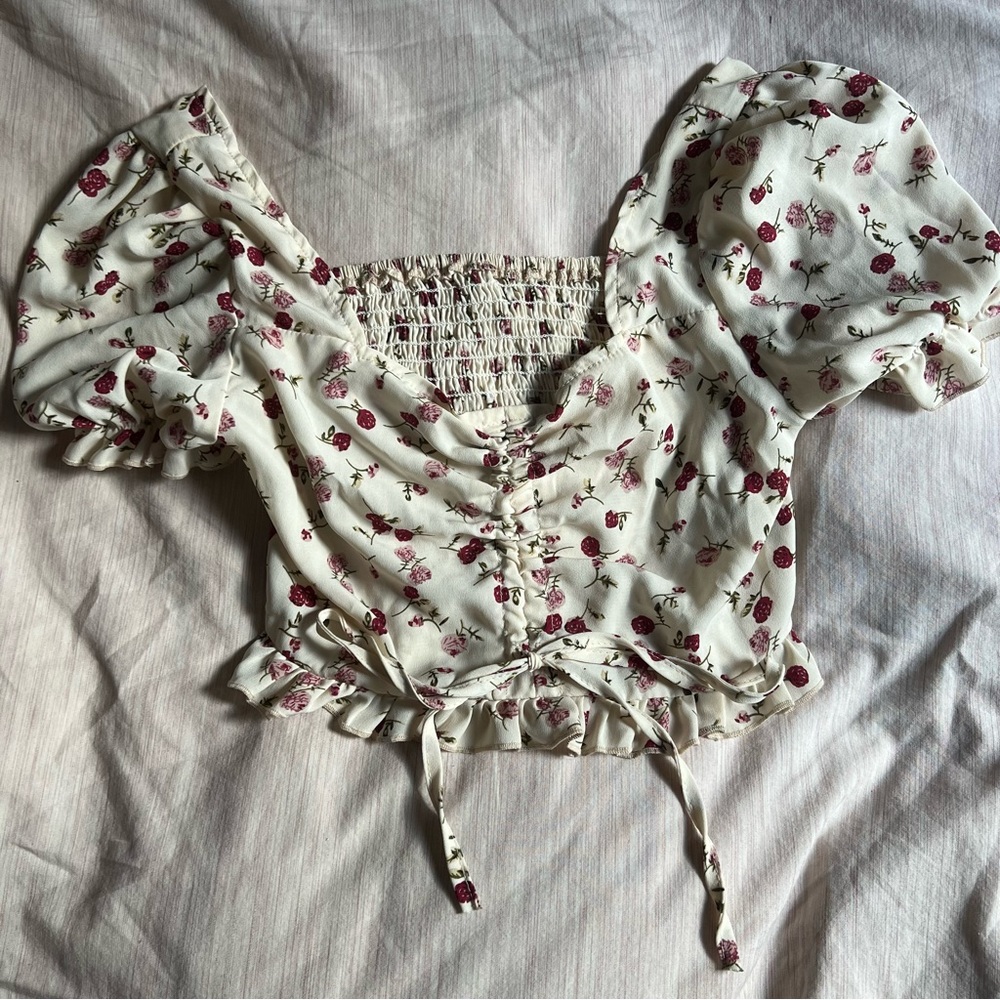 SHEIN Drawstring Short Puffer Sleeve Floral Print